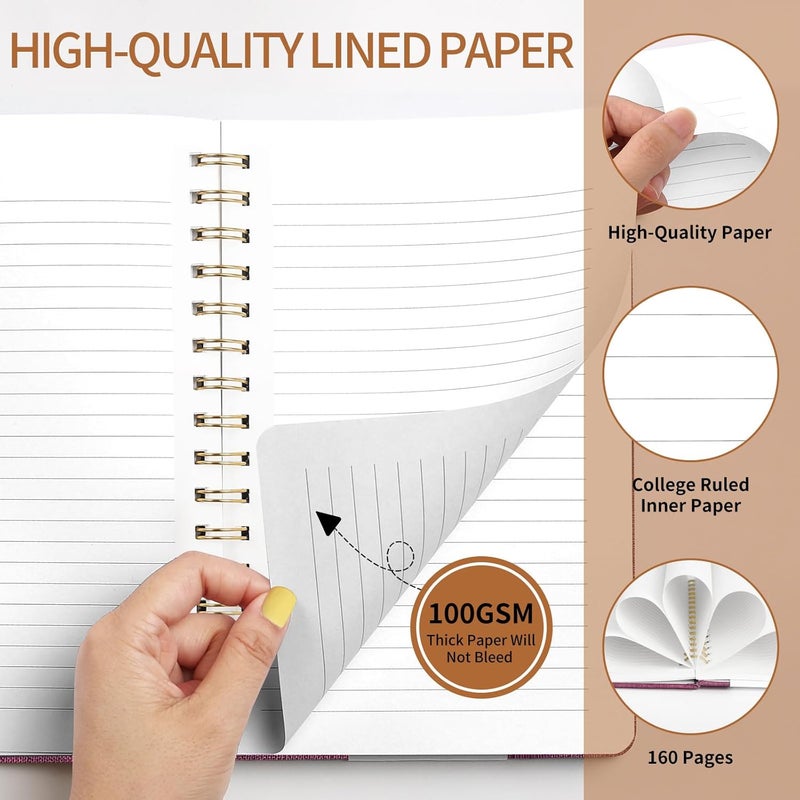 TSFPapier A5 Spiral Notebook – Hardcover Journal 160 Lined Pages 100 GSM Thick Paper With Elastic Band & Pen Holder College Ruled Writing Notebooks for Work School Travel Pink - Image 5